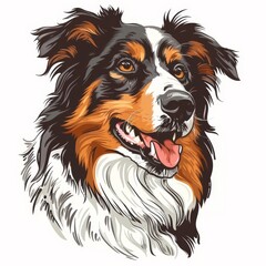Fototapeta premium Cartoon sketch of red tricolor australian shepherd dog on white background in iconic portrait style