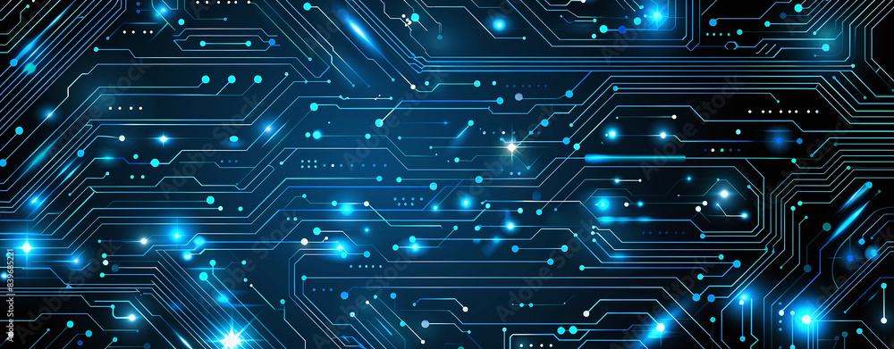 Poster abstract digital background with glowing neon lights and computer chip on dark black studio backdrop