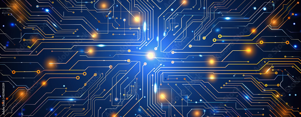 Poster abstract digital background with glowing neon lights and computer chip on dark black studio backdrop