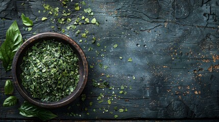 kelp flakes spread on wooden table, representing superfood concept with space for text