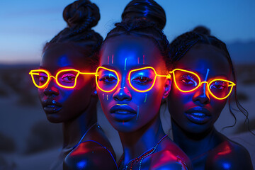 Obraz premium Three beautiful women glowing neon lines on their faces and bodies dark background night sky in the desert captured in the style of canon eos r5