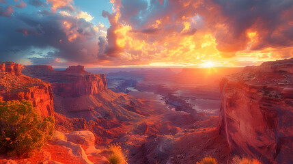 Fototapeta premium A nature gorge during sunset, the sky ablaze with colors, and the cliffs casting long shadows