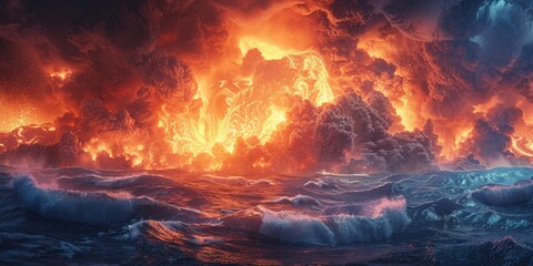 A huge fire burns fiercely in the sky over the ocean, creating a dramatic scene