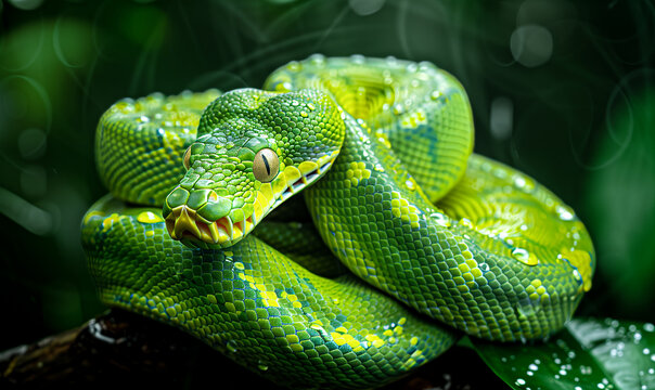 Green tree python coiled on a branch with water droplets. Nature and rainforest concept.