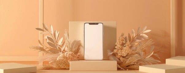 Mockup of an iPhone with blank screen surrounded by autumn leaves on wooden surface