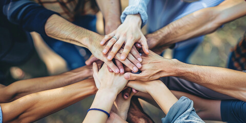 A group of people with their hands together. Business teamwork and support