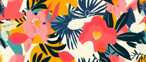 Naklejka premium Abstract illustration of tropical flowers in bold, flat colors and patterns