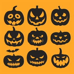 Obraz premium Black isolated halloween pumpkin face patterns on orange