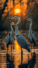 Naklejka premium A nature marsh scene with a family of herons standing in the water, the sun setting in the background