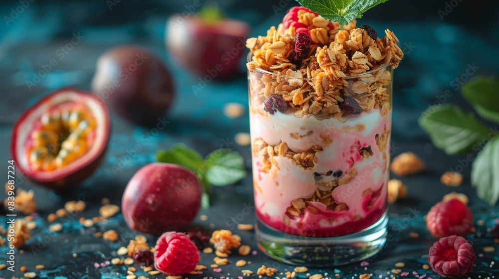 Sticker try a delicious parfait made with passion fruit yogurt, granola, and fresh fruit for a healthy and satisfying breakfast or snack option in a glass