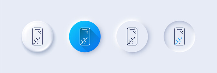 Smartphone broken line icon. Neumorphic, Blue gradient, 3d pin buttons. Phone crash sign. Mobile device crack symbol. Line icons. Neumorphic buttons with outline signs. Vector