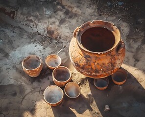 An ancient Roman terracotta bowl with a handle on the side and several other clay pots in front placed outdoors
