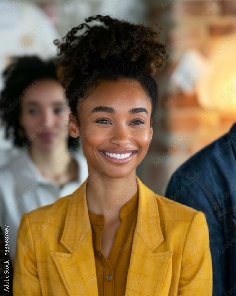Aufkleber a woman smiling while standing in front of a group of people. generative ai.