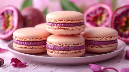 artfully arranged platter displaying elegant passion fruit macarons against a soft pastel backdrop, creating a sophisticated dessert concept
