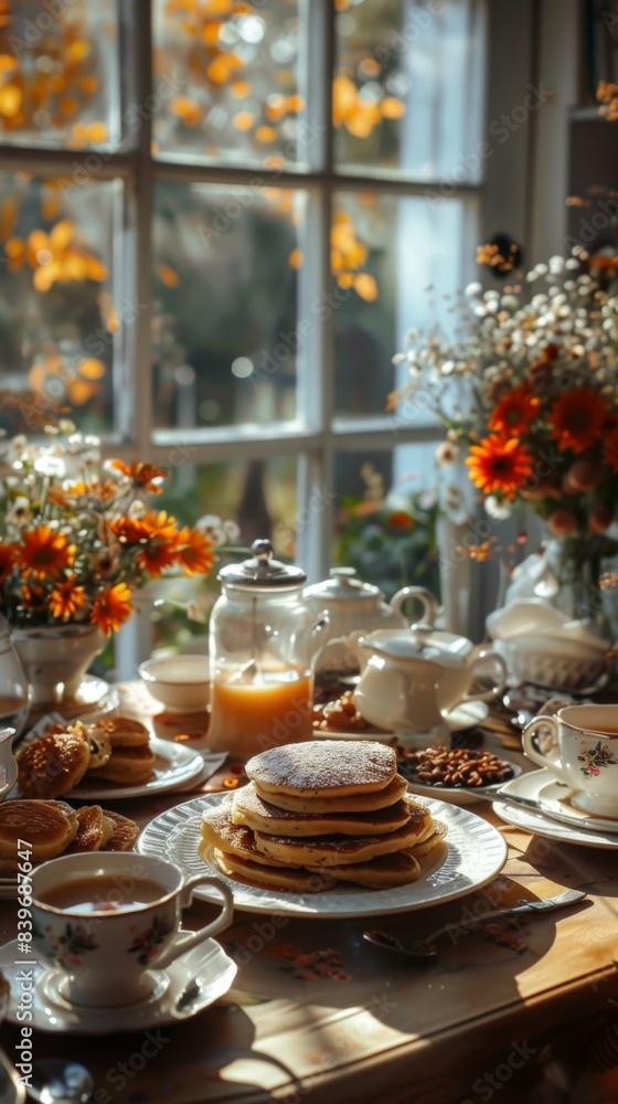 Poster a table with pancakes, coffee and flowers on it. generative ai.