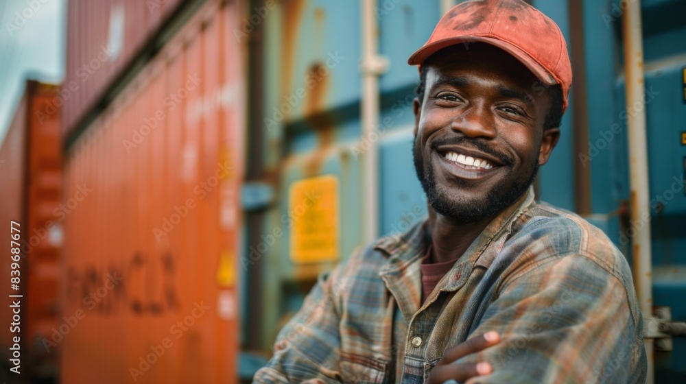 Poster a man in a red hat smiling while standing next to containers. generative ai.