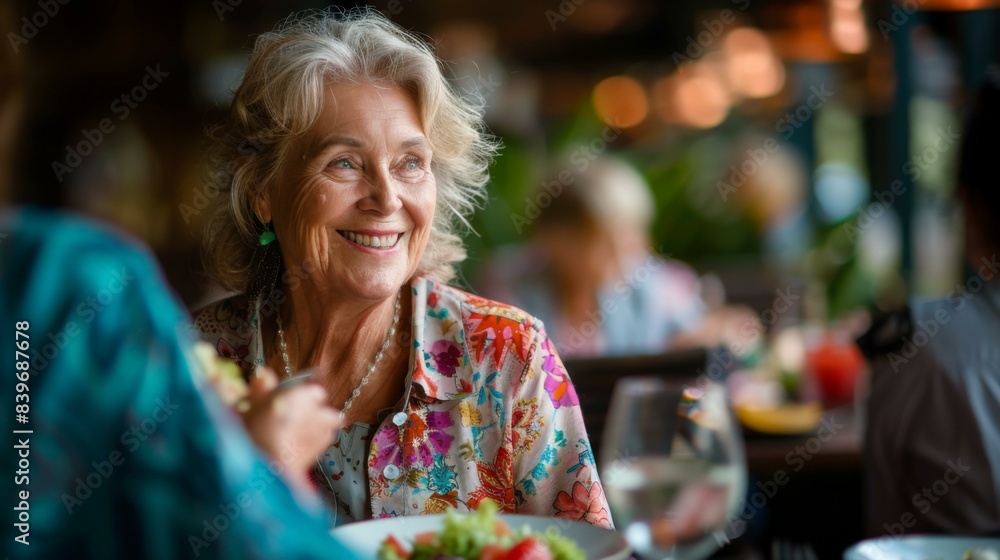 Canvas Prints A woman smiling while eating a meal at the restaurant. Generative AI.