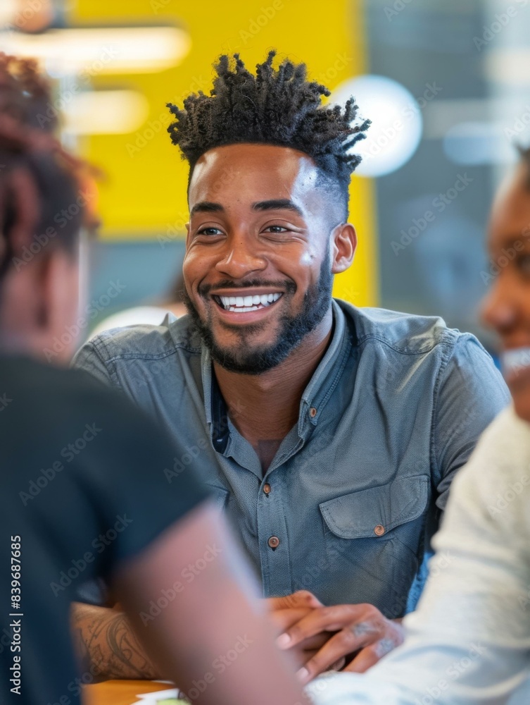 Poster a man smiling while sitting at a table with two other people. generative ai.
