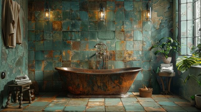 wabi sabi bathroom, a wabi sabi bathroom features vintage tiles, a copper tub, and soft lighting, embodying mindful living and appreciation for times passage
