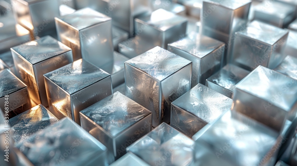 Poster conceptual design with futuristic white metal cubes arranged intricately on a textured surface, crea