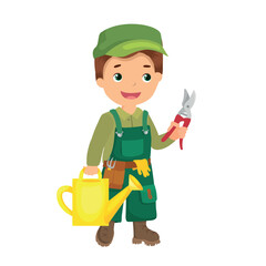 Gardener boy in overalls holding watering can