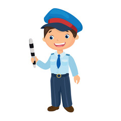 Boy policeman in uniform holding traffic stick