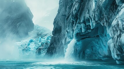 Photo of glaciers in Patagonia, Chile. Shark's Ear glacial glacier with blue water flowing from it into the sea in "Al Clashes" national park on coast near Colli M westernes - Powered by Adobe