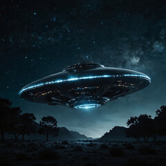 Obraz premium Mysterious UFO Abduction at Night in Desert Landscape