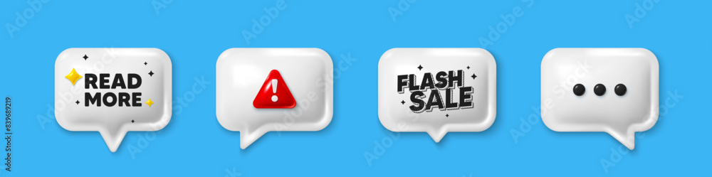 Poster offer speech bubble 3d icons. read more tag. navigation sign. get description info symbol. read more