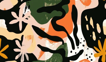 Abstract floral and plant forms, blending warm tones of green, orange, pink, and beige with black and white accents