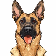 Close up cartoon sketch of belgian malinois dog icon on white background, unique front view portrait