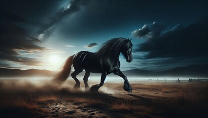 Fototapeta premium Majestic black horse in a moonlit night scene - A solitary black horse strides powerfully through a mystical night landscape, creating a scene of beauty and strength