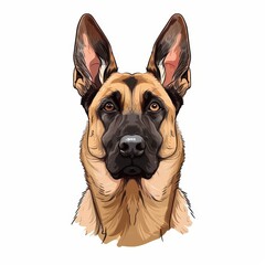 Belgian malinois dog icon in cartoon sketch style on white background, front view close up portrait