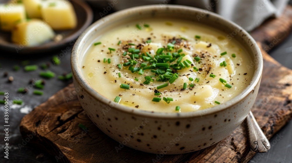 Poster comfort food recipe, delicious homemade comfort food creamy potato soup topped with chives and black pepper, served in a white bowl