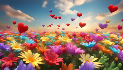 Group of colorful and multiple 3D love hearts launches from flowers garden into the air