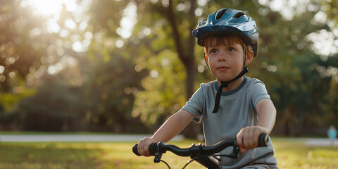 Naklejka premium Boy in a helmet learns to ride a bike in the park