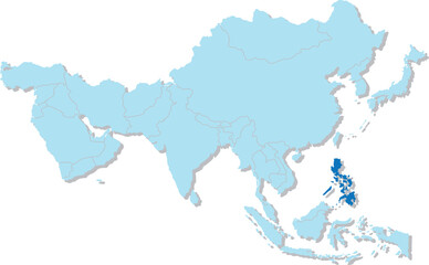 Highlighted blue map of PHILIPPINES inside light blue 3D blank political map of Asia orthographic projection on transparent background, without Russia