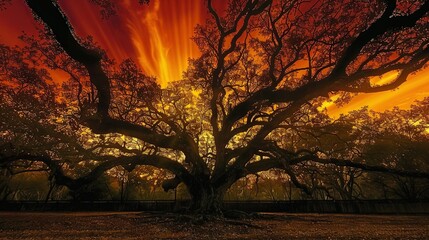   A tall tree stands alone in a green field, with a fiery sky overhead and a wooden fence in the foreground