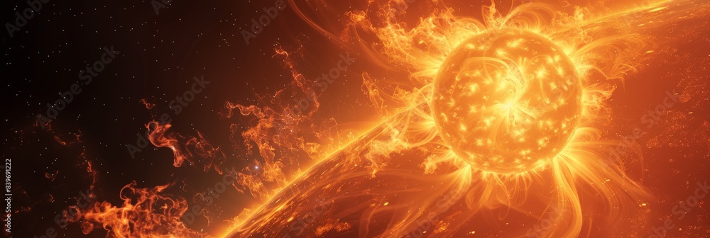 Poster dramatic view of solar flares erupting from the sun with streams of plasma. depicting the energetic 