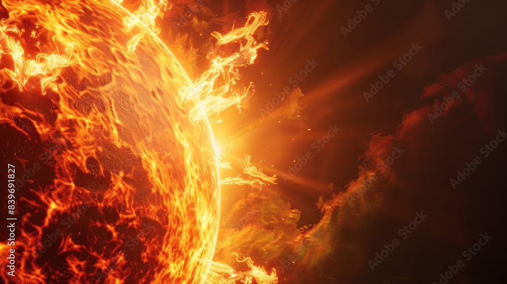 Aufkleber Close-up of a solar flare with intense plasma bursts and bright fiery explosions. The image captures the sun's dynamic and powerful solar eruptions