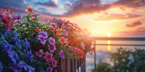 Fototapeta premium balcony with flowers on summer sunset background