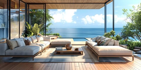 Fototapeta premium Luxurious Living Room in an Upscale Beach House with Ocean View, Wooden Floor, and Sofa. Concept Upscale Beach House, Luxurious Living Room, Ocean View, Wooden Floor, Sofa
