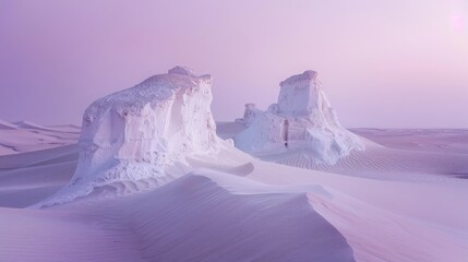 Photo of White desert in Egypt, natural rock formations against the background of an endless expanse of white sand and purple sky, natural light, beautiful colors,