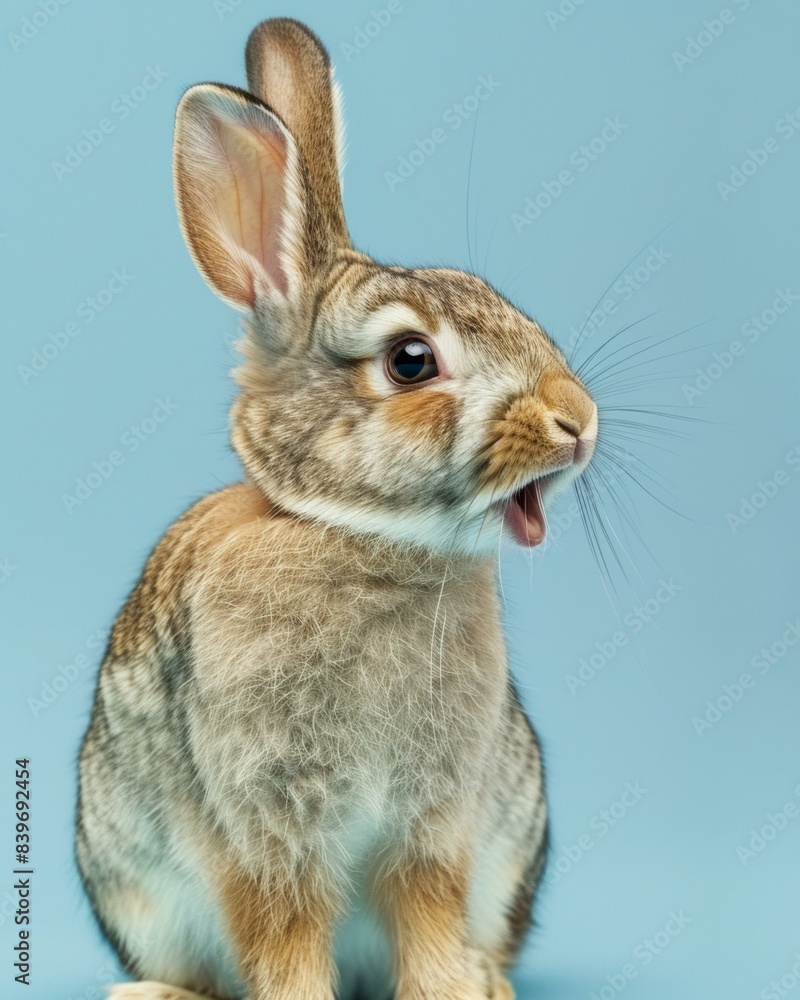 Poster a rabbit sitting on a blue background with its mouth open. generative ai.