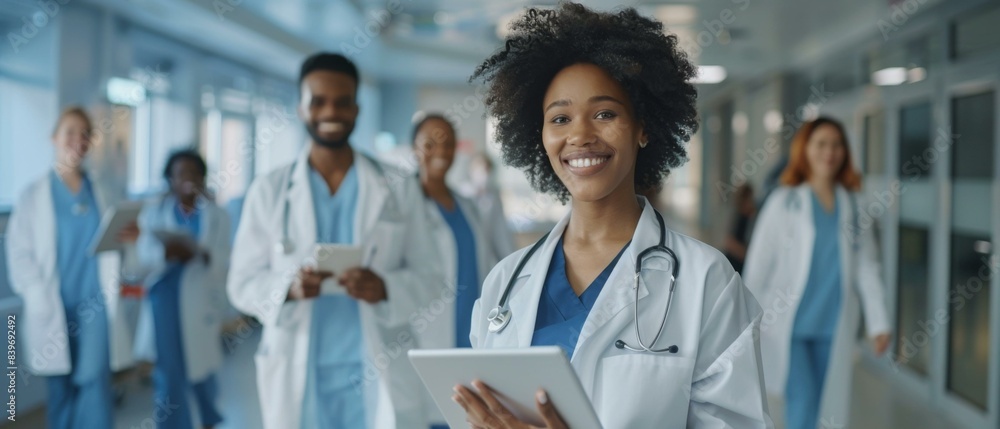 Poster a group of doctors and nurses are standing in a hallway. generative ai.