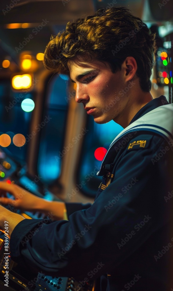 Poster a man in a sailor uniform is operating the controls of an aircraft. generative ai.