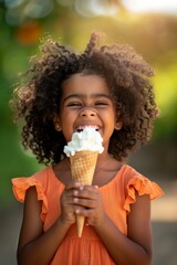 A young girl with curly hair eating an ice cream cone. Generative AI.