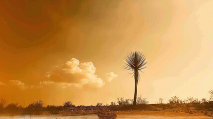  A majestic palm tree stands tall on a parched grass field, overlooking a serene body of water under a cloudy sky