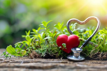 A stethoscope and heart in a field of green grass. AI.