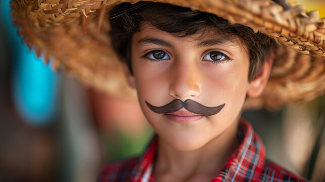 Uma crian&ccedil;a em uma festa junina brasileira com um bigode desenhado usando camisa xadrez vermelha e chap&eacute;u de palha